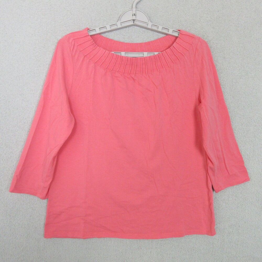 Talbots Top Womens Petite L Coral 3/4‎ Sleeve Pleated Boat Neck Cotton Blend